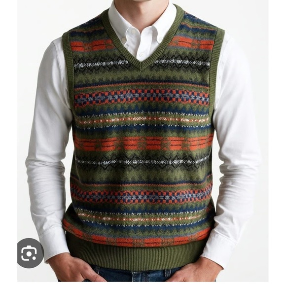 Chaps Other - Chaps Men Cotton Fair Isle Sweater Vest Olive Knit M Cottagecore Academia Nordic